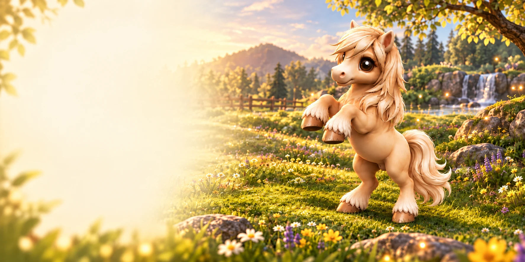 A golden Trot Tots pony in a sunlit meadow